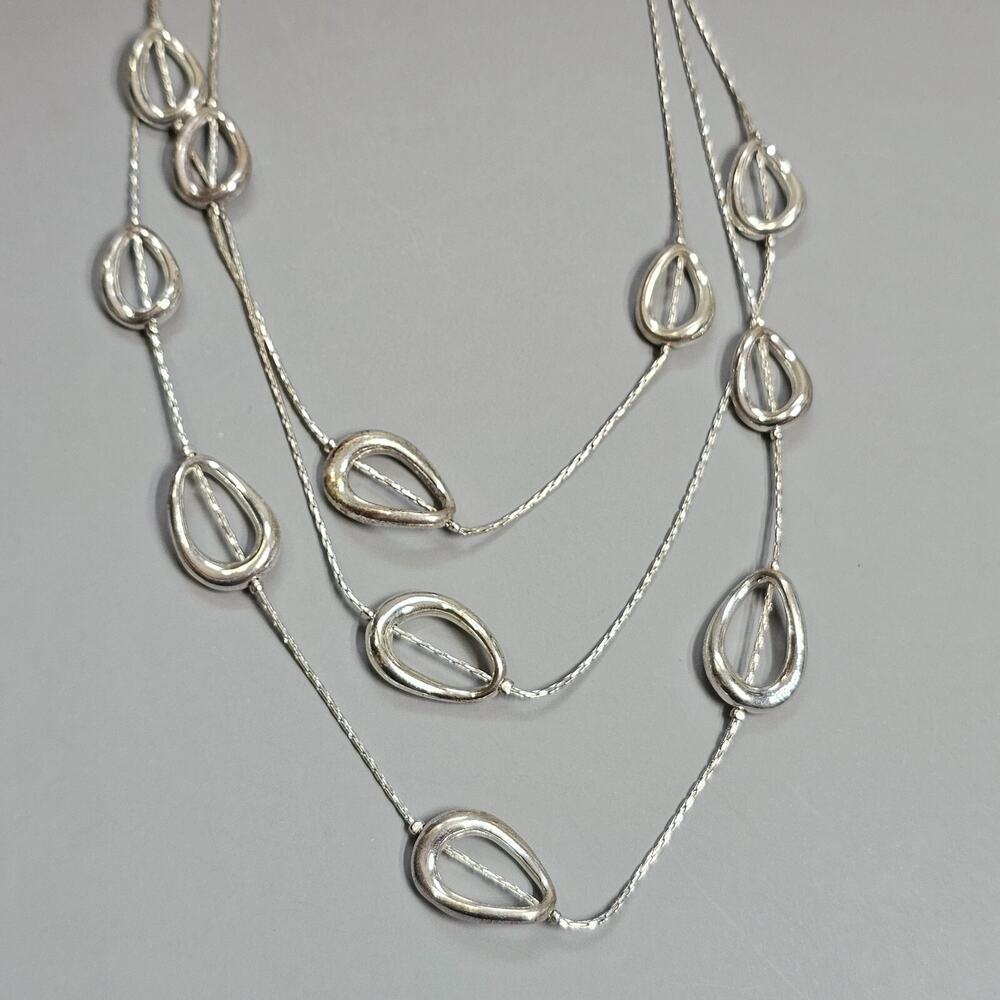 Crown Trifari Triple Strand Station Necklace Silvertone Modernistic Oval Rings